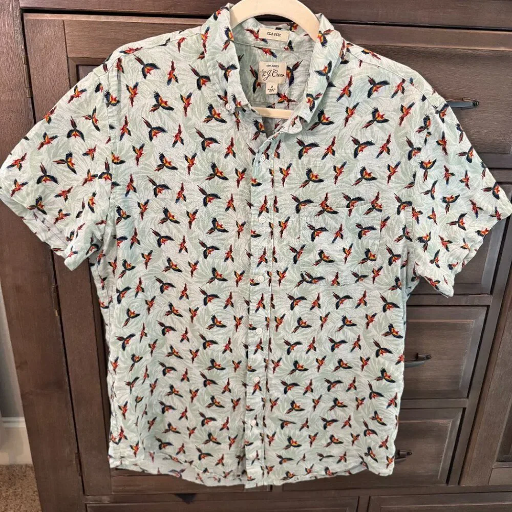 J.Crew 100% Linen Parrot Print Short Sleeve Button Down Shirt Men’s M Tropical
